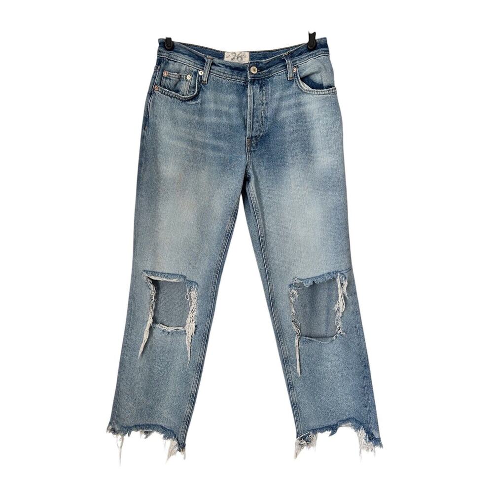 We The Free Jeans Womens 26 Mid Rise Destroyed Raw Hem Straight Crop Baggy Loose